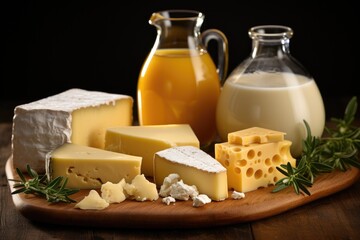 Various dairy products - milk, cream, cheesse on a wooden cutting board