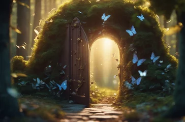 Poster Fantasy enchanted fairy tale forest with magical opening secret door and mystical shine light © ArtisticLens