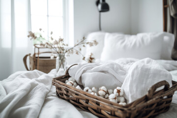 Bed with white sheets, cotton flowers in vase and basket of cotton flowers.