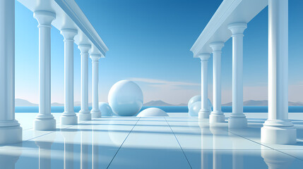 Beautiful airy widescreen minimalistic white and light blue architectural with tilted columns