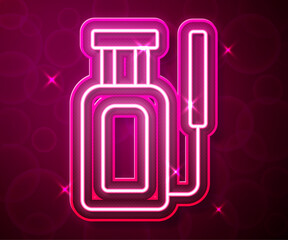 Glowing neon line Garden sprayer for water, fertilizer, chemicals icon isolated on red background. Vector