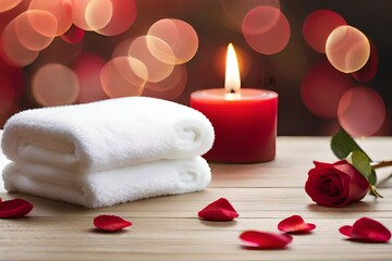 White towels folded on a table with red rose petals around it. Created with generative Ai technology.