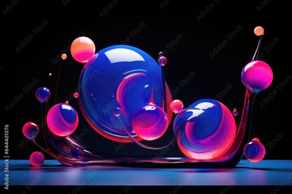 Poster abstract background with flowing fluid spheres and blobs. liquid blue and pink paint .