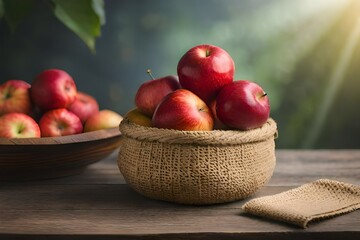 Jute basket with red apples on a wooden table. Created with generative Ai technology.