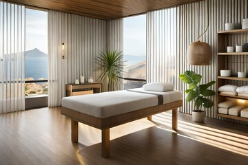 Warm and cozy atmosphere of a SPA room with white towels and stretcher. Created with generative Ai technology.