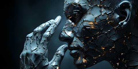 3D rendering of a female robot face in the shape of a broken glass - obrazy, fototapety, plakaty