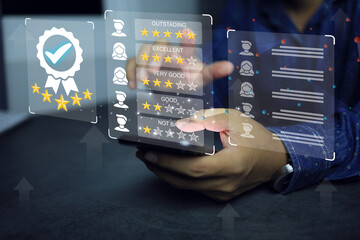 Businessman with smart phone feedback rating on outstanding to evaluating vendor or supplier industrial facility maximum five stars according to ISO documentation management system partner affiliate