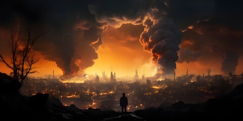 Conceptual image of a man standing in front of a burning city
