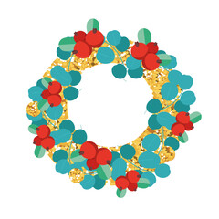 Christmas wreath of eucalyptus with berries isolated on white background. Colour vector illustration with golden elements. Decorative icon for design.