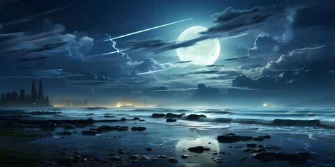 Fantasy landscape with city and moon. 3D illustration. Elements of this image furnished