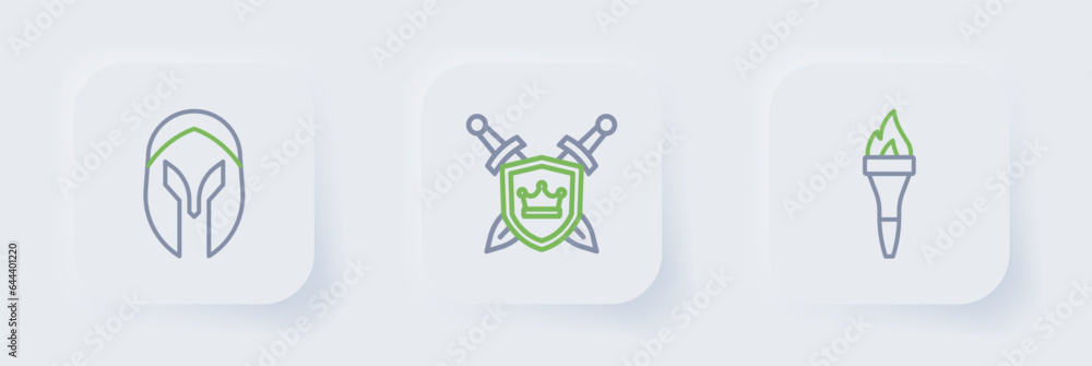 Poster set line torch flame, shield with swords and medieval helmet icon. vector