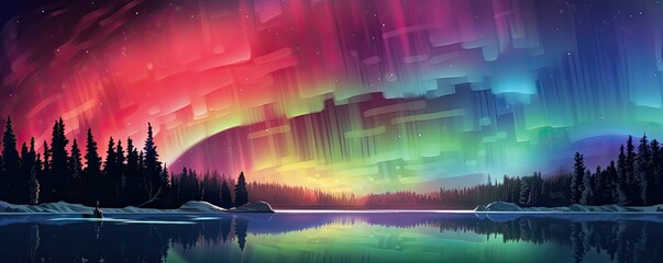 winter mountain landscape with aurora borealis polar lights illustration - obrazy, fototapety, plakaty