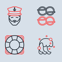 Set line Nautical rope knots, Lifebuoy, Tsunami and Captain of ship icon. Vector