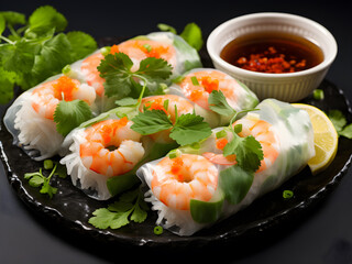 Vietnamese shrimp spring rolls (Gỏi Cuốn). Asian vietnamese food shrimp wrap. Vietnamese fresh spring rolls with prawn. Shrimp spring rolls with peanut sauce Vietnam street food menu | Generative AI