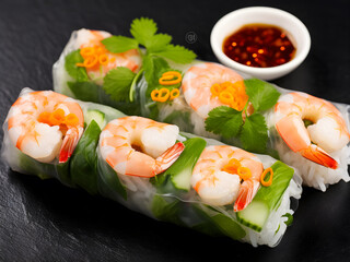 Vietnamese shrimp spring rolls (Gỏi Cuốn). Asian vietnamese food shrimp wrap. Vietnamese fresh spring rolls with prawn. Shrimp spring rolls with peanut sauce Vietnam street food menu | Generative AI