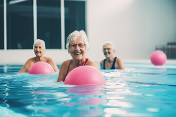Seniors embrace water aerobics, a joyful and healthy group fitness activity, indoors, promoting wellness and rehabilitation.