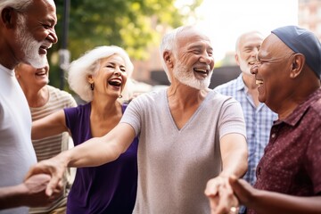 A group of retired friends enjoys the outdoors, promoting wellbeing and togetherness in a serene park.