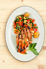 Tuna steak fried with grilled vegetables.