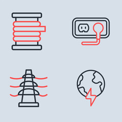 Set line Electrical outlet, tower line, Global planet with thunderbolt and Wire electric cable on reel icon. Vector