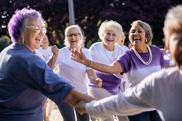 Senior people enjoys outdoor activities in the park, showcasing the vitality of their friendship.
