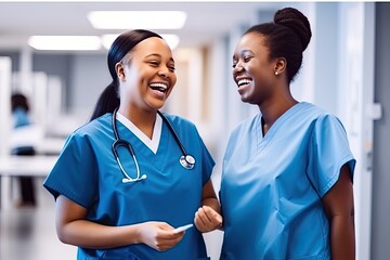Confident and cheerful female doctors and nurses, work together in a hospital setting.