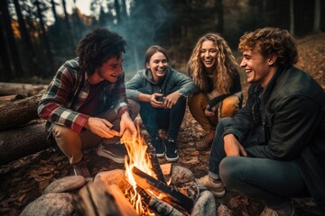 A joyful group of friends gathers around a campfire in the forest during a summer night, enjoying music, laughter, and marshmallows. - obrazy, fototapety, plakaty