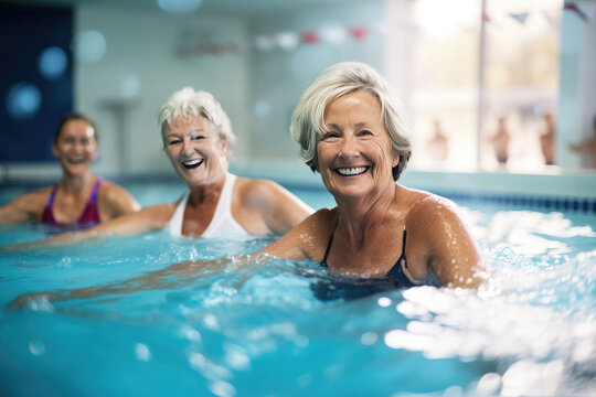Active seniors enjoy swimming, promoting wellness and vitality in a group portrait filled with joy.