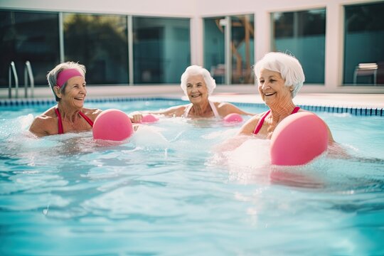 Seniors find joy and health in aqua fitness, a group activity in a pool promoting wellness.