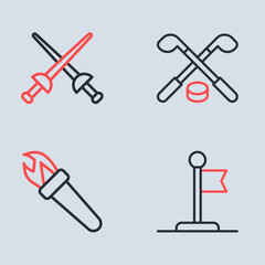 Obraz premium Set line Ice hockey sticks and puck, Torch flame, Flag and Fencing icon. Vector