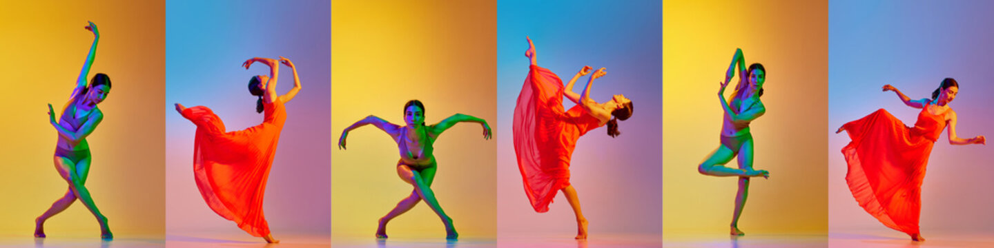Collage. Elegant beautiful woman dancing in underwear and rd dress over colorful backgrounds in neon light. Concept of art, choreography, creativity, hobby, movements. Banner, flyer, ad