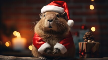 a photograph of cute capybara wearing santa clause costume and hat for christmas celebration generative ai