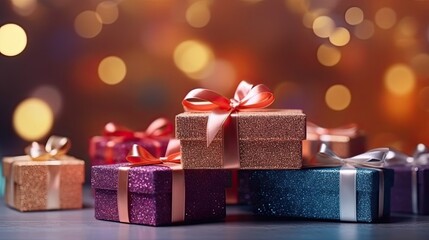 Glittering holiday background adorned with radiant violet, pink and blue gift boxes, featuring a captivating gold gradient with mesmerizing bokeh effects.Boxing day