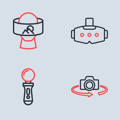 Fototapeta premium Set line Virtual reality glasses, VR controller game, 360 degree view and icon. Vector