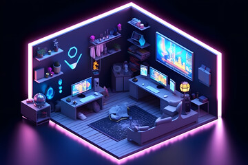 3d game room isometric style Made with Generative AI