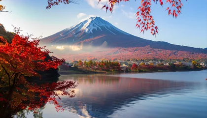 Fotobehang Mistige ochtendstond Colorful Autumn Season and Mountain Fuji with morning fog and red leaves at lake Kawaguchiko