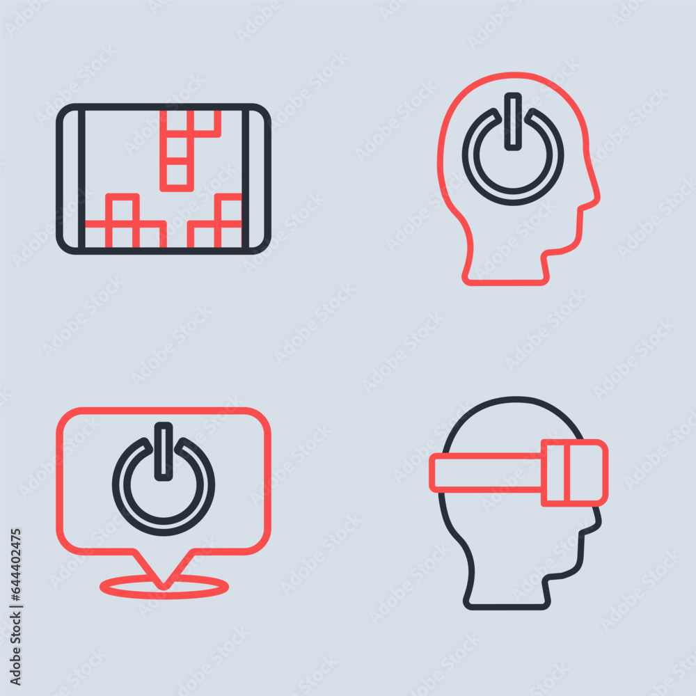Poster set line power button, virtual reality glasses and portable video game console icon. vector