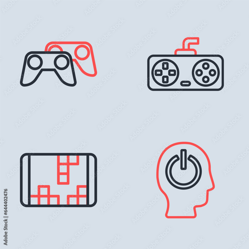 Poster set line game controller or joystick, portable video game console, power button and icon. vector