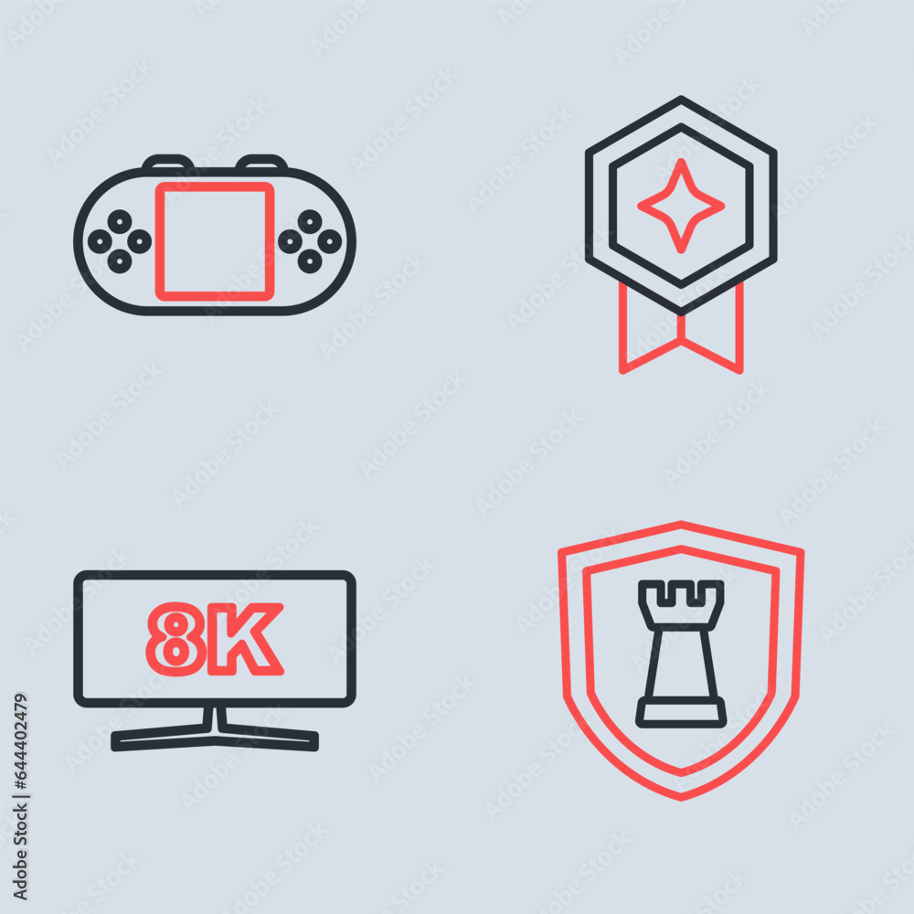 Poster set line game rating with medal, computer monitor, chess shield and portable video game console icon