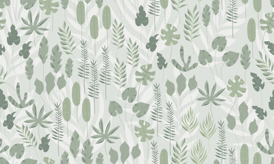 Hand drawn tropical seamless pattern. Exotic abstract various leaves. Botanical print in green shades. Boho style foliage