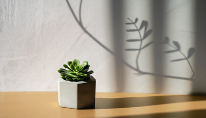 Green succulent in concrete plant pot with decorative shadows on a gray wall and table surface in home interior. Game of shadows on a wall from window at the sunny day. Minimalist vertical background