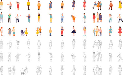 set of kids in flat style and sketches on white background vector