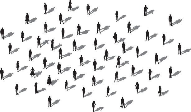 Set Of Crowd Of People, Silhouette Top View On White Background Vector