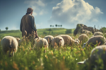 Farmer and sheeps in a field