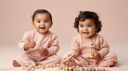 Multicultural infants happily posing with toys in a soft beige studio. Generative AI