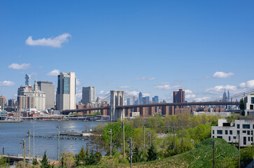 pier 1 salt marsh and panorama of Manhattan and brooklyn bridge across the East River from Brooklyn - obrazy, fototapety, plakaty