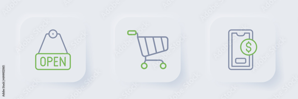 Poster set line mobile with dollar, shopping cart and hanging sign text open icon. vector