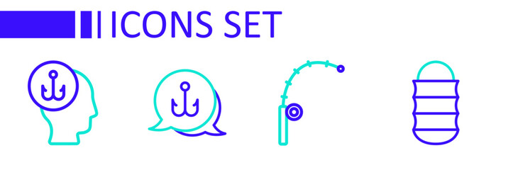 Set line Fishing net, rod, hook and Camping folding chair icon. Vector