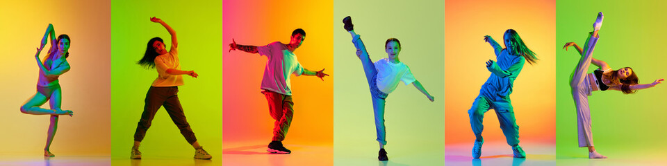 Collage made of different people, men and women dancing freestyle, contempt over gradient multicolor background in neon light. Concept of art, choreography, creativity, movements. Banner, flyer, ad