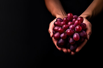 Hand holding a bunch of red grapes isolated on a black background with copy space