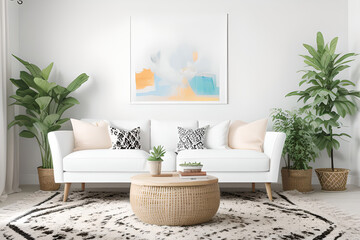 Frame mockup in bright living room design, calming gentle artwork, white sofa in farmhouse boho interior style